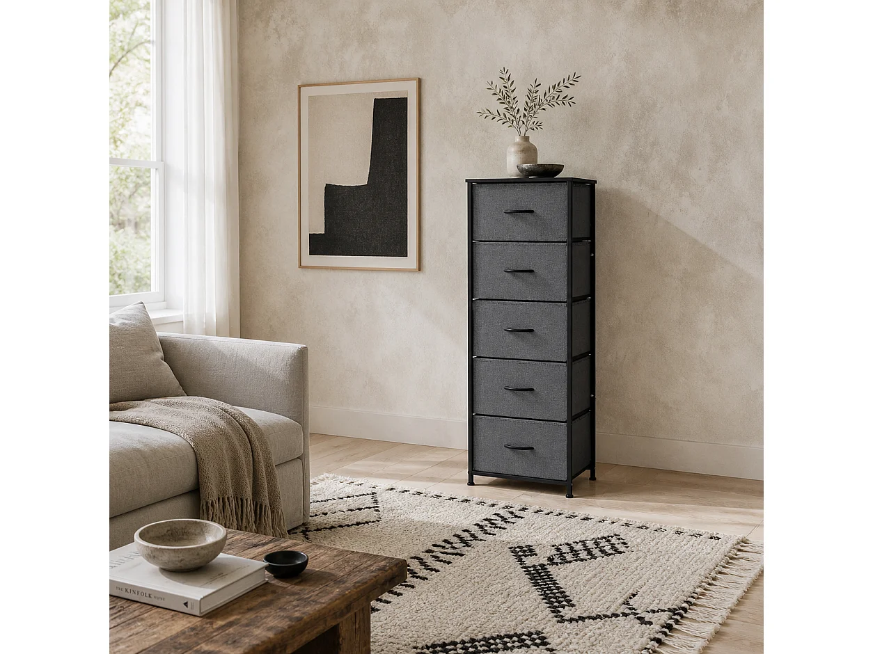 Ralora 5 Drawer Dark Grey Metal and Fabric Dresser with Steel Frame
