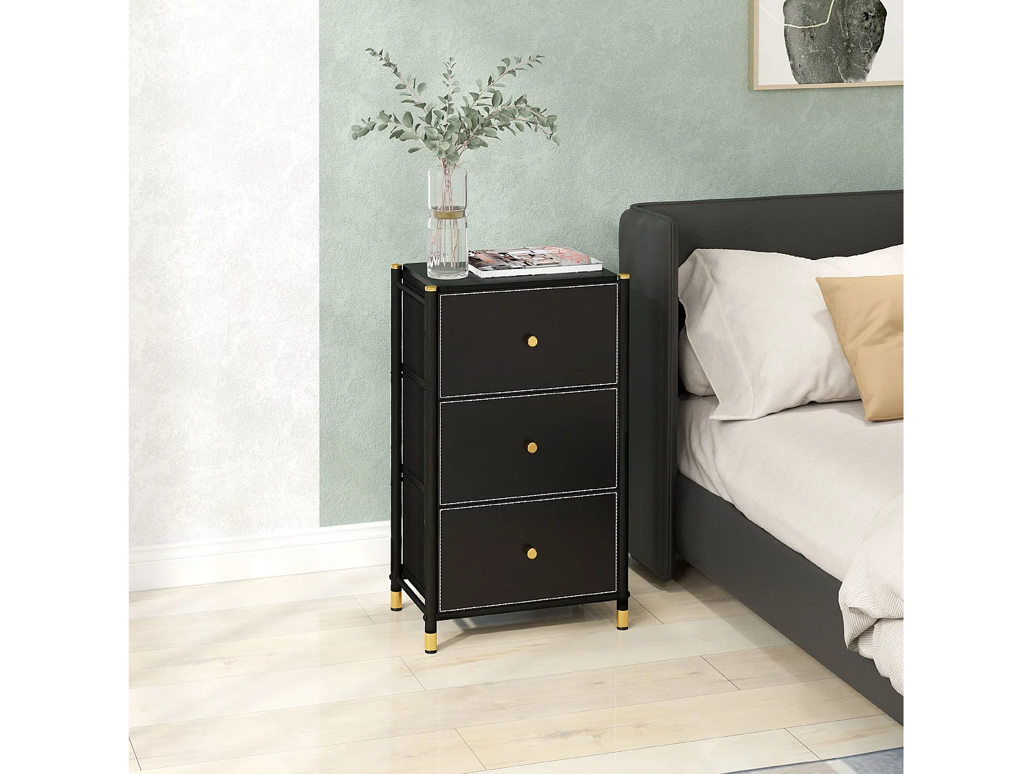 Ditari Black Faux Leather 3 Drawer Chest with Gold Accents