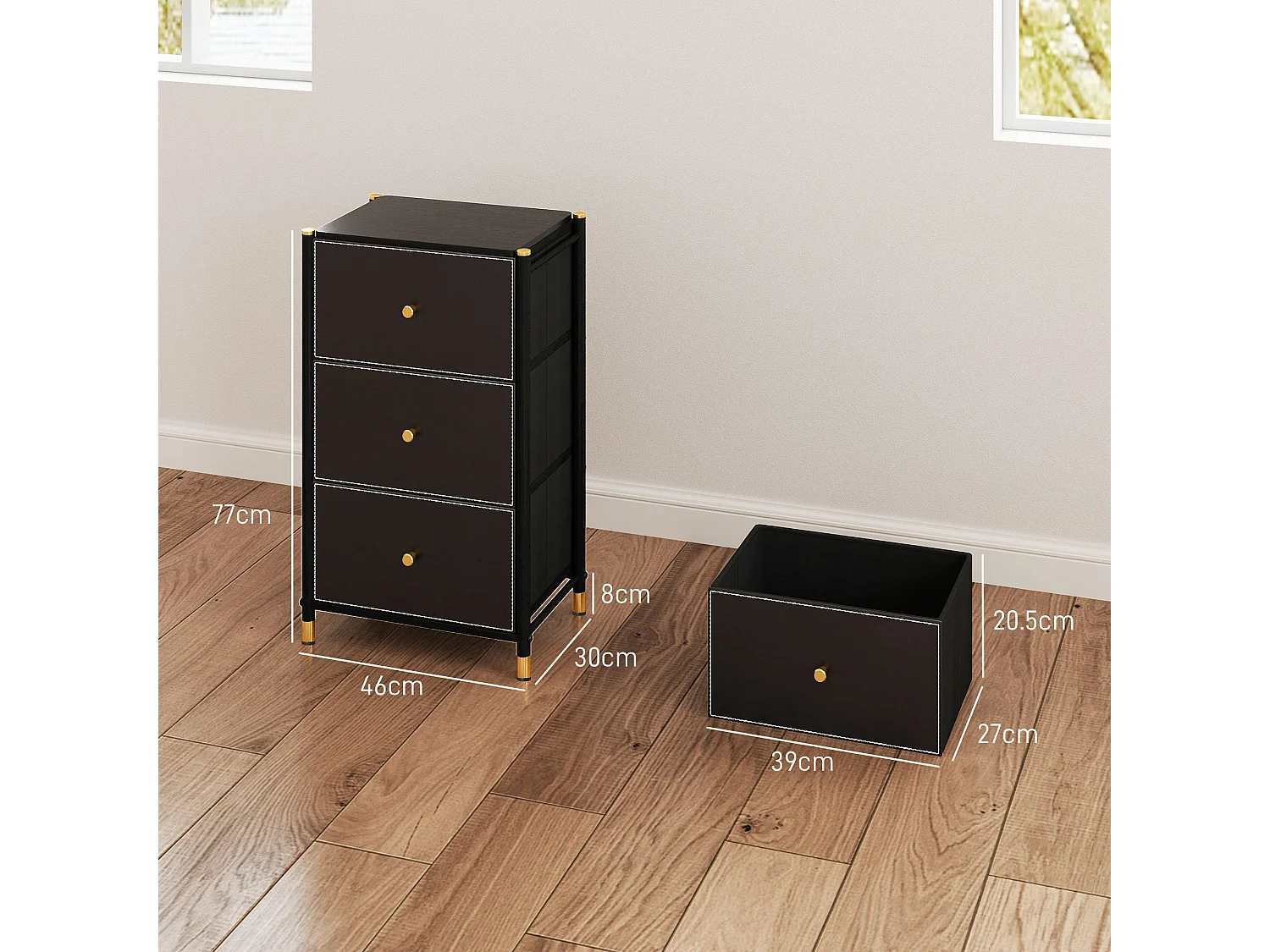 Ditari Black Faux Leather 3 Drawer Chest with Gold Accents