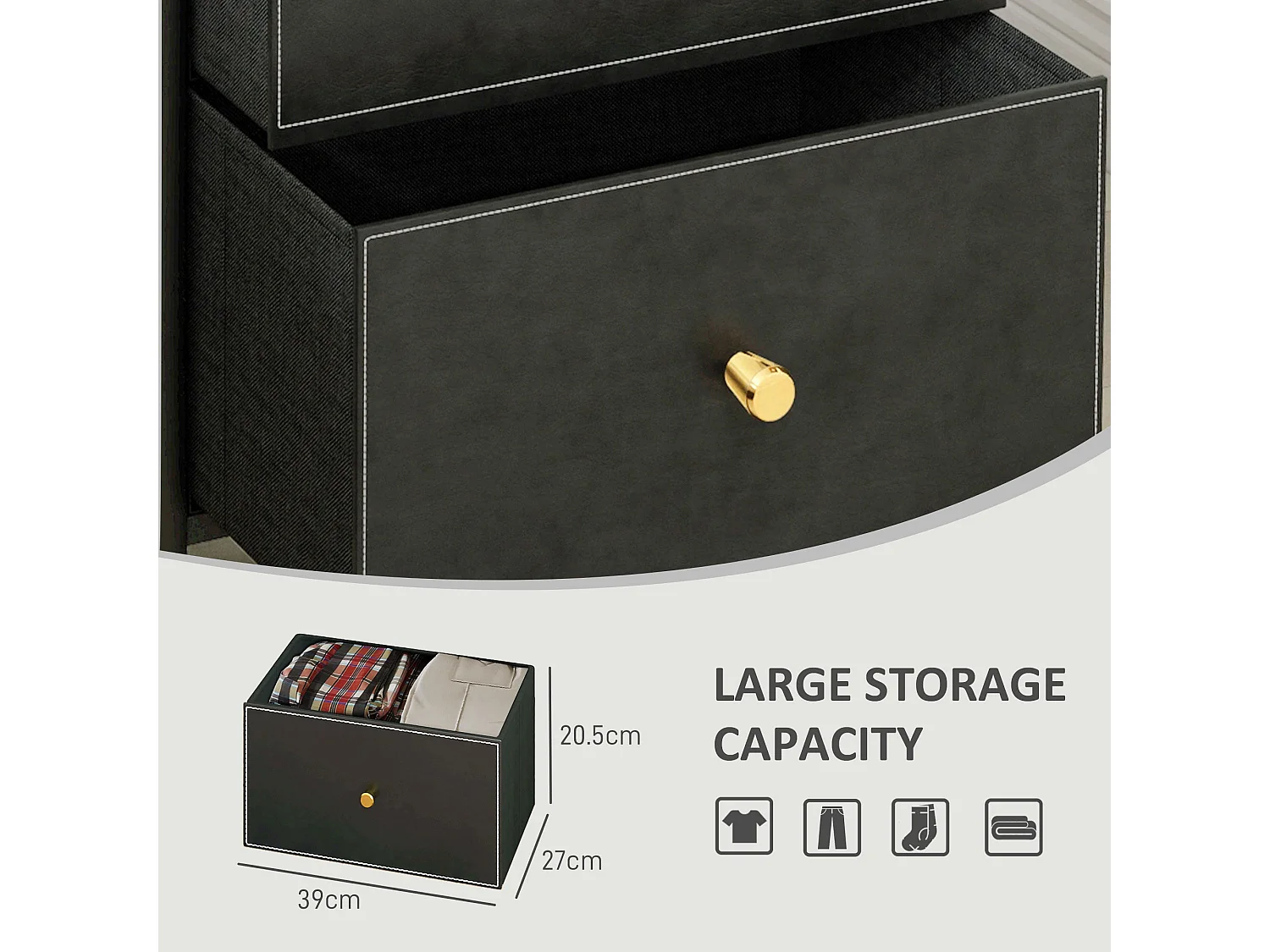 Ditari Black Faux Leather 3 Drawer Chest with Gold Accents