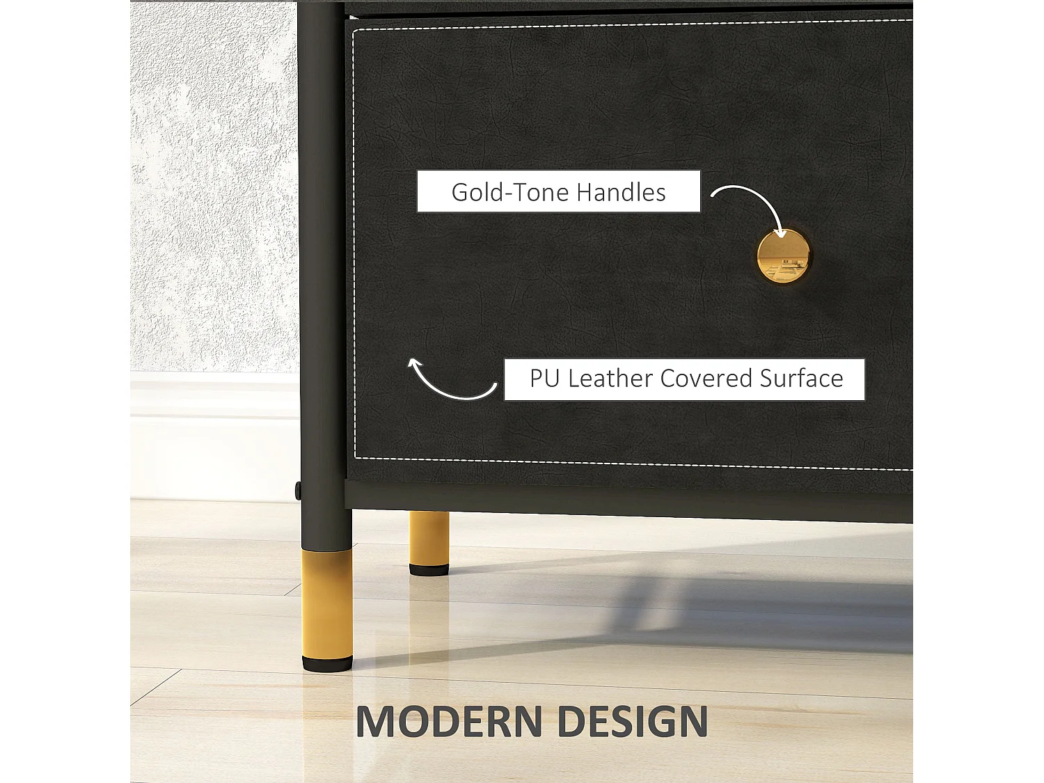 Ditari Black Faux Leather 3 Drawer Chest with Gold Accents