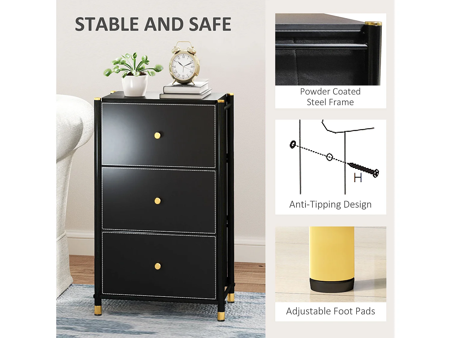 Ditari Black Faux Leather 3 Drawer Chest with Gold Accents