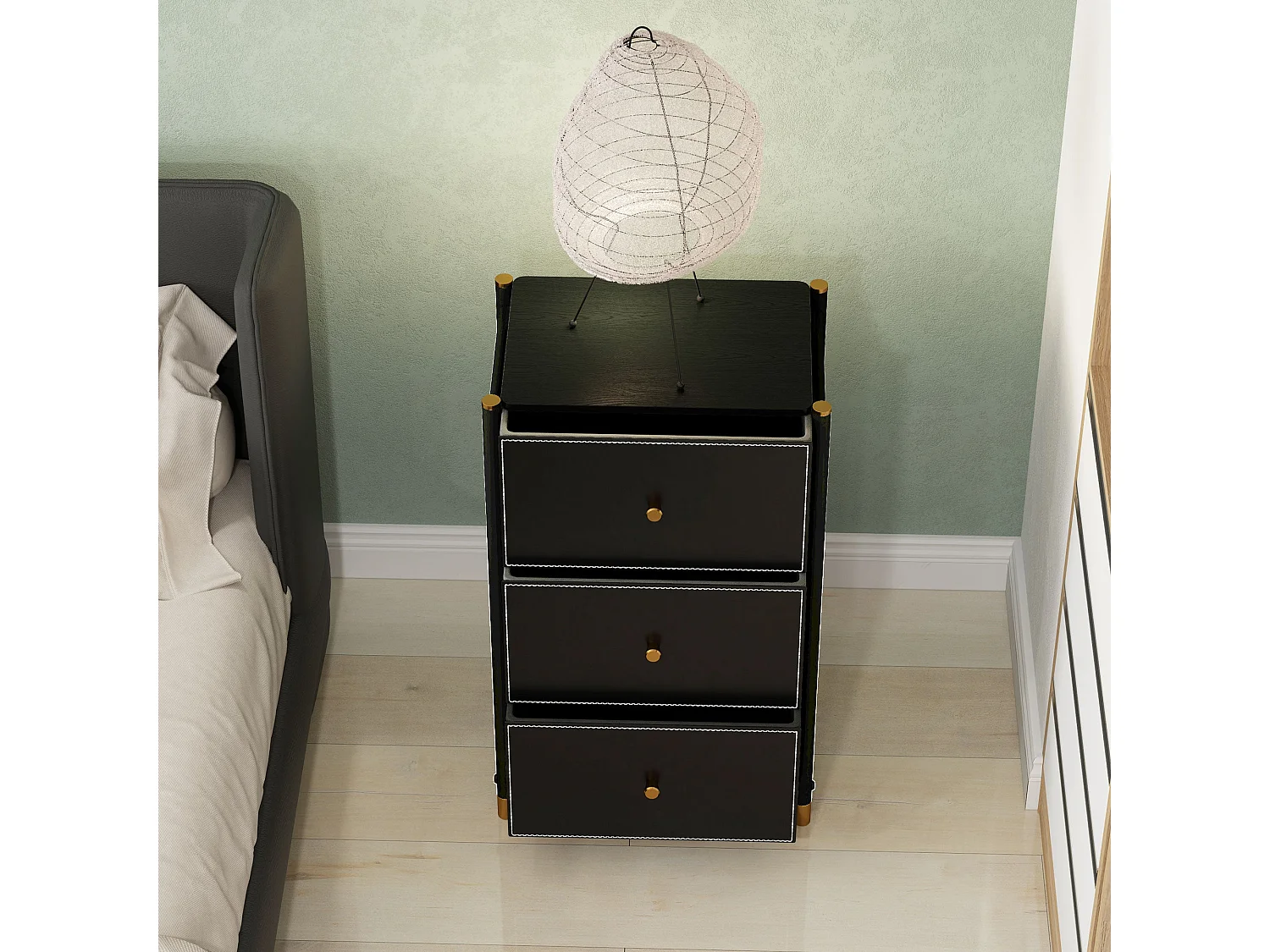 Ditari Black Faux Leather 3 Drawer Chest with Gold Accents