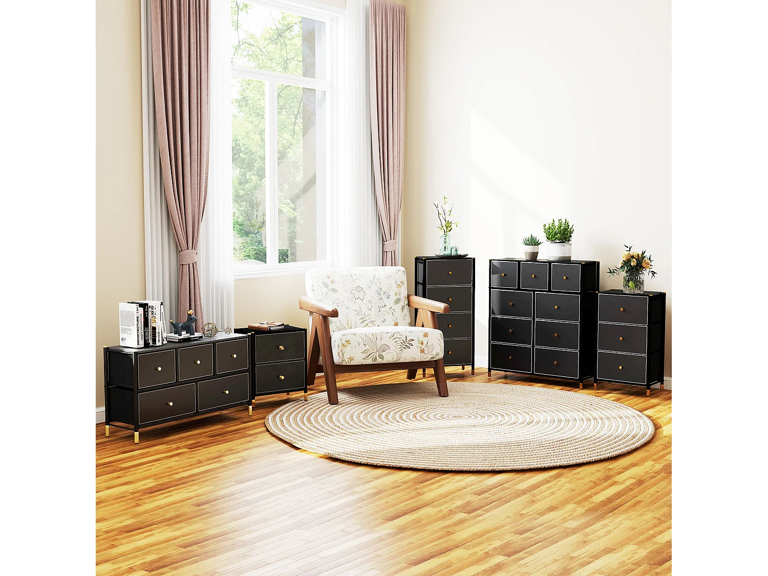 Ditari Black Faux Leather 3 Drawer Chest with Gold Accents
