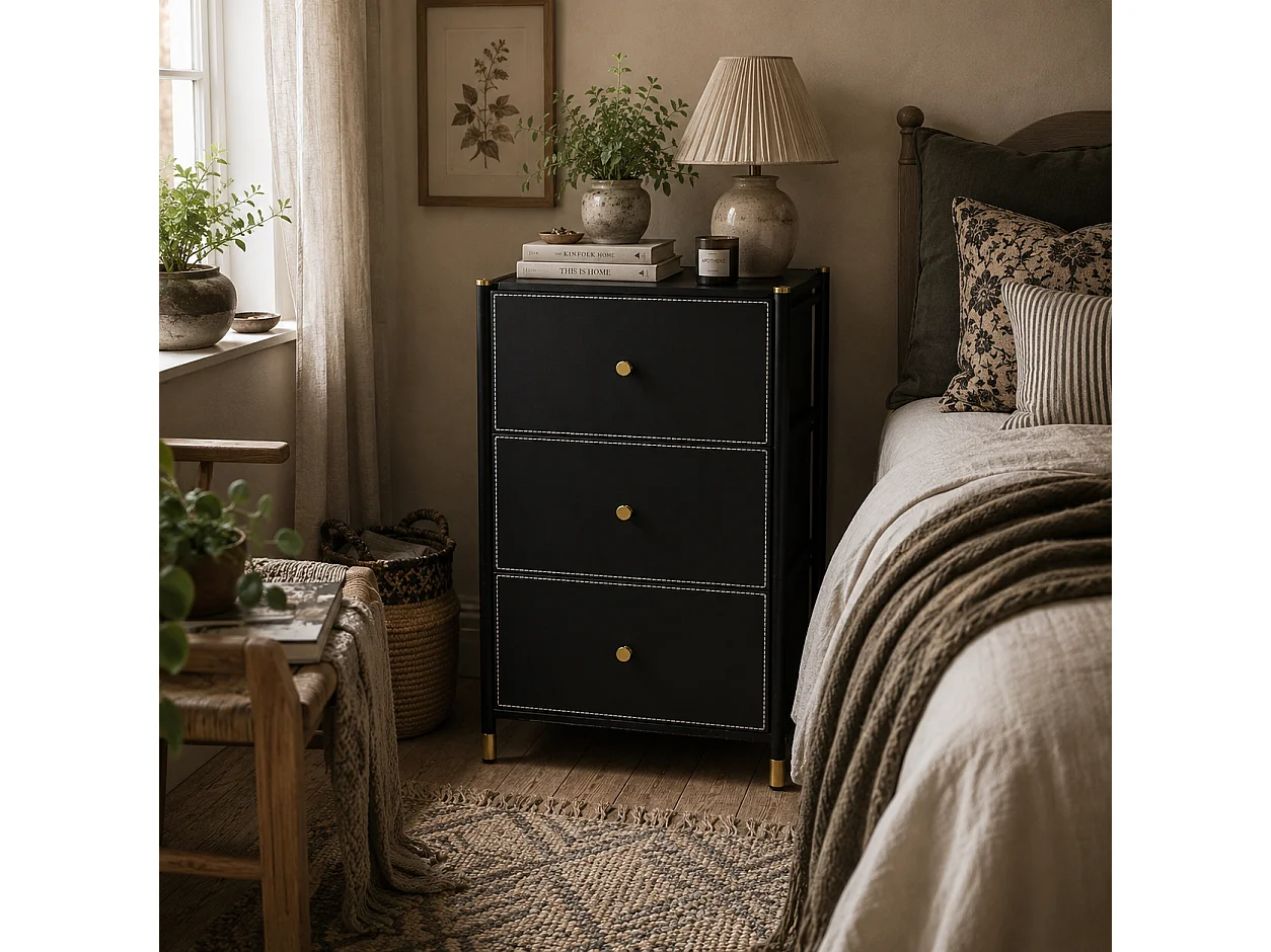 Ditari Black Faux Leather 3 Drawer Chest with Gold Accents