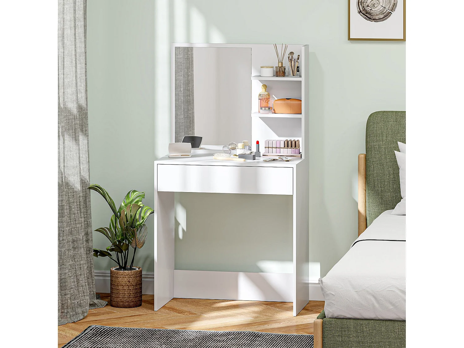 Ketoli White Dressing Table with Mirror Drawer and Shelves