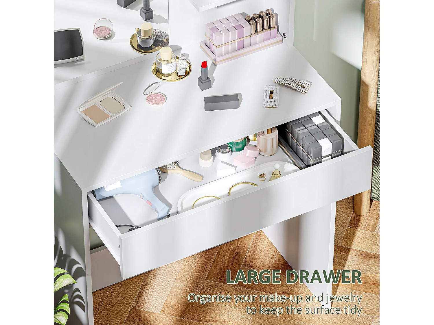 Ketoli White Dressing Table with Mirror Drawer and Shelves