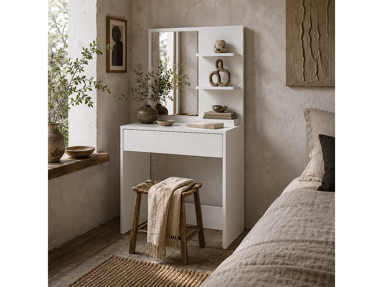 Ketoli White Dressing Table with Mirror Drawer and Shelves