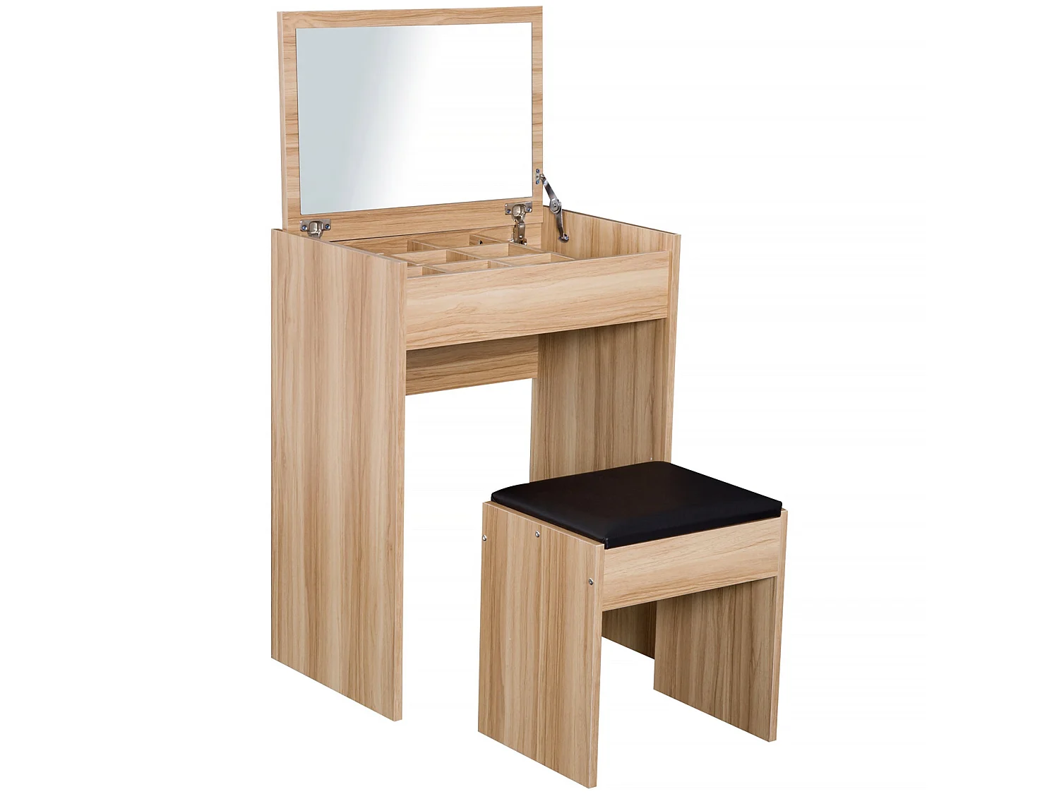 Nolena Natural Wood Effect Vanity Desk with Flip Mirror Storage and Cushioned Stool