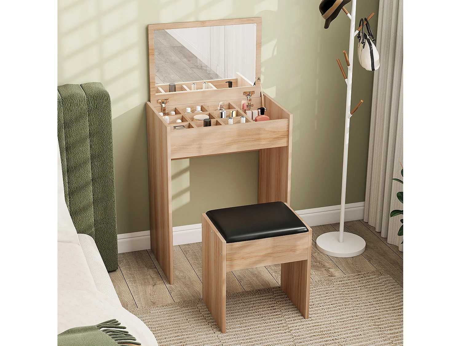 Nolena Natural Wood Effect Vanity Desk with Flip Mirror Storage and Cushioned Stool