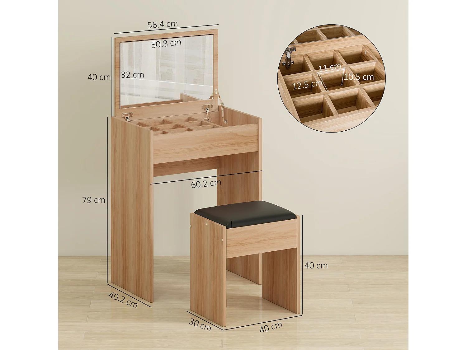 Nolena Natural Wood Effect Vanity Desk with Flip Mirror Storage and Cushioned Stool