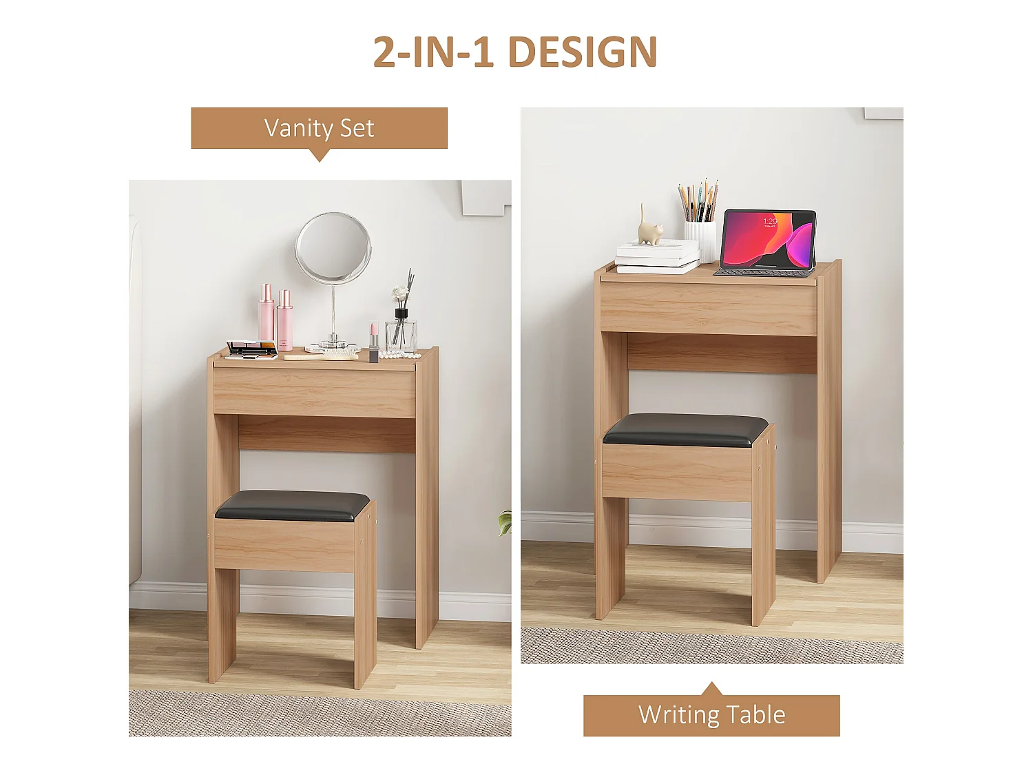 Nolena Natural Wood Effect Vanity Desk with Flip Mirror Storage and Cushioned Stool