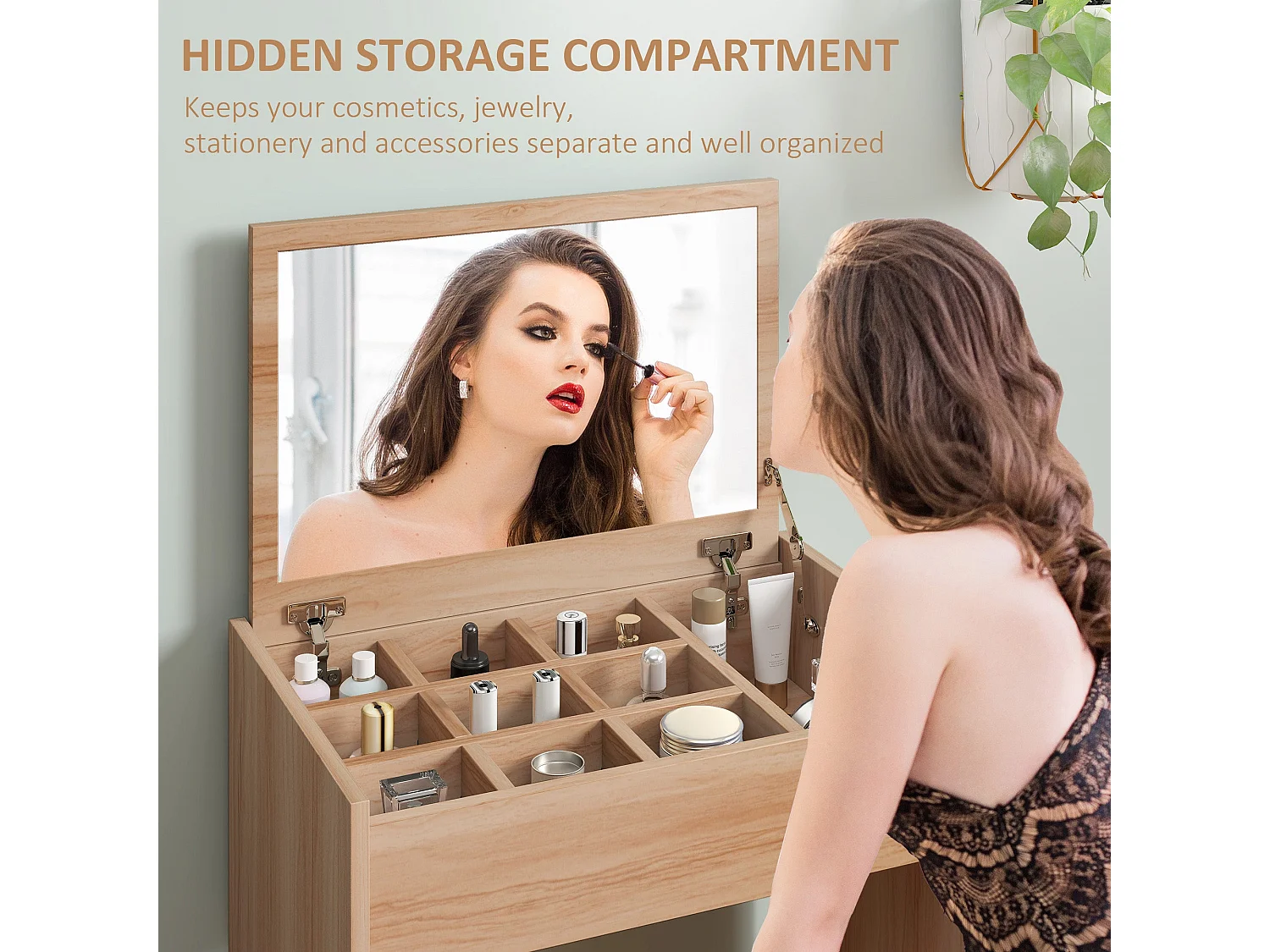 Nolena Natural Wood Effect Vanity Desk with Flip Mirror Storage and Cushioned Stool