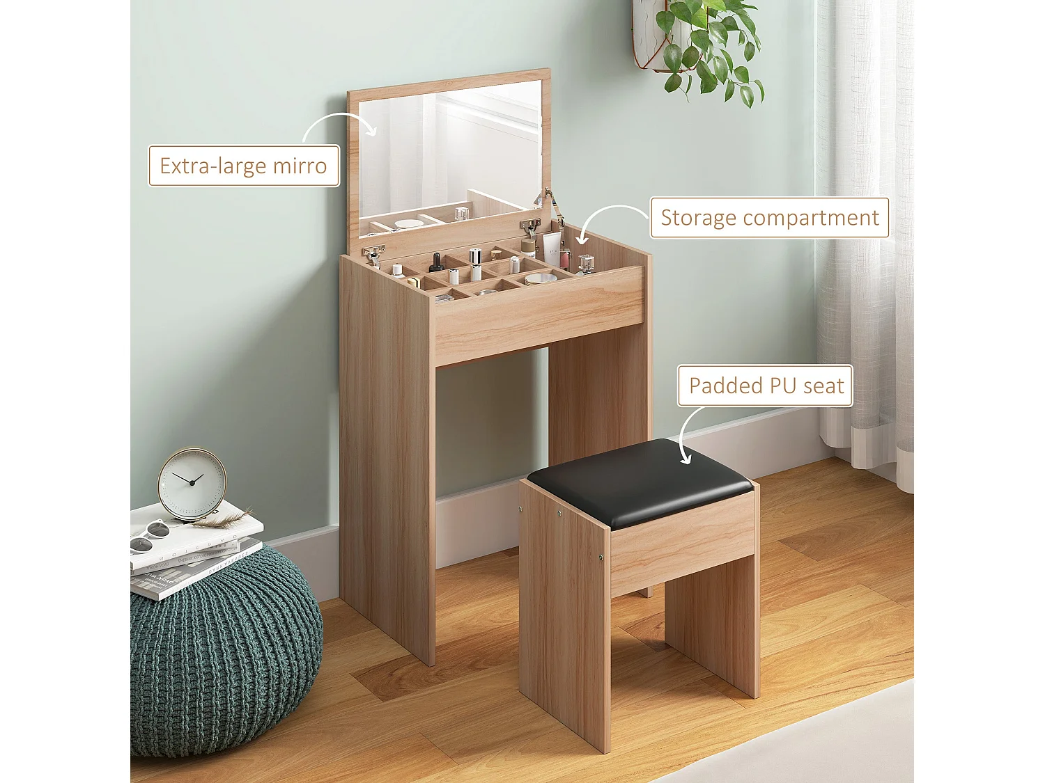 Nolena Natural Wood Effect Vanity Desk with Flip Mirror Storage and Cushioned Stool