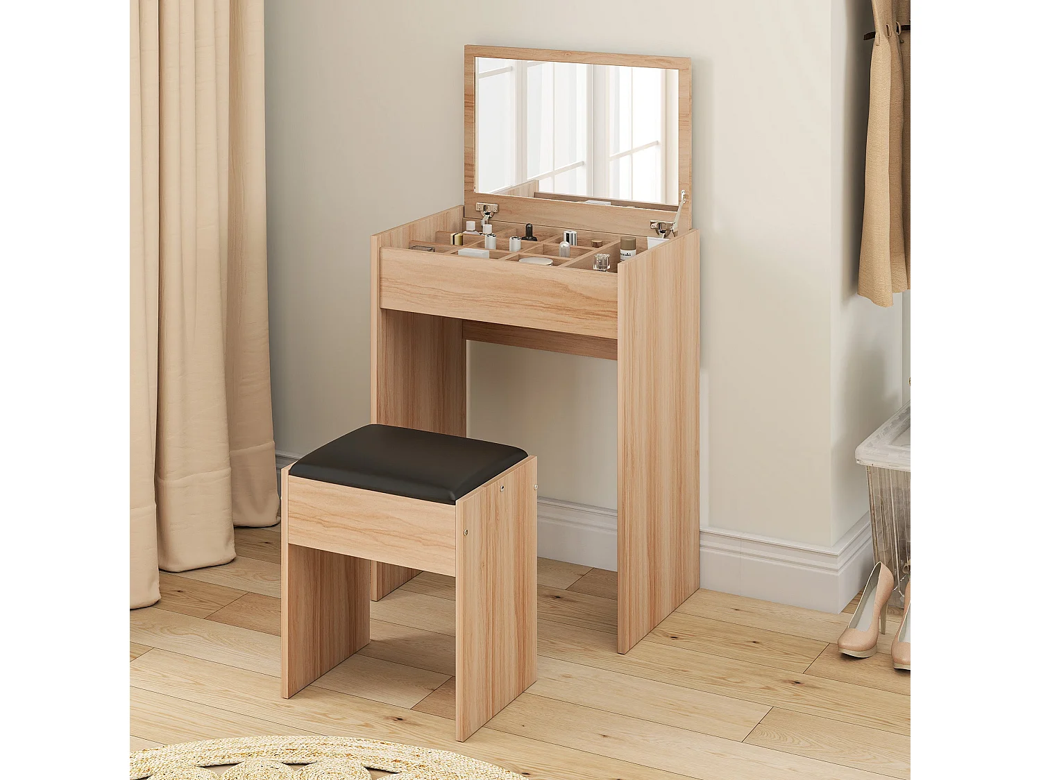 Nolena Natural Wood Effect Vanity Desk with Flip Mirror Storage and Cushioned Stool