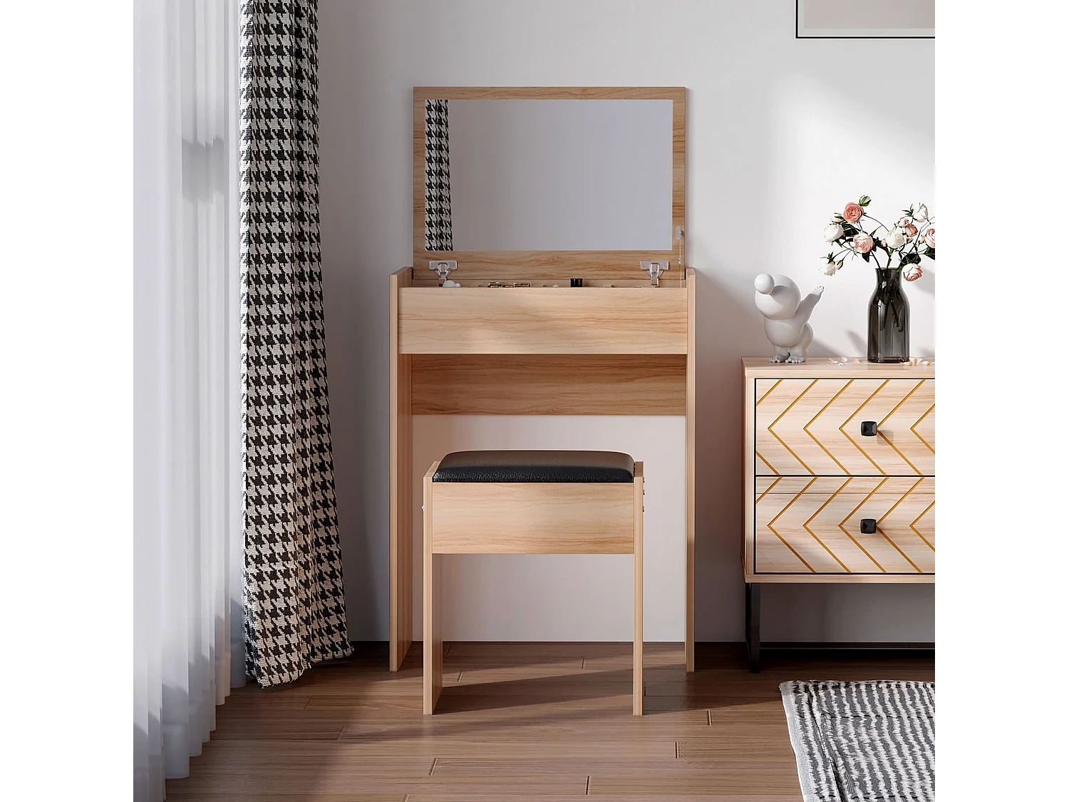 Nolena Natural Wood Effect Vanity Desk with Flip Mirror Storage and Cushioned Stool