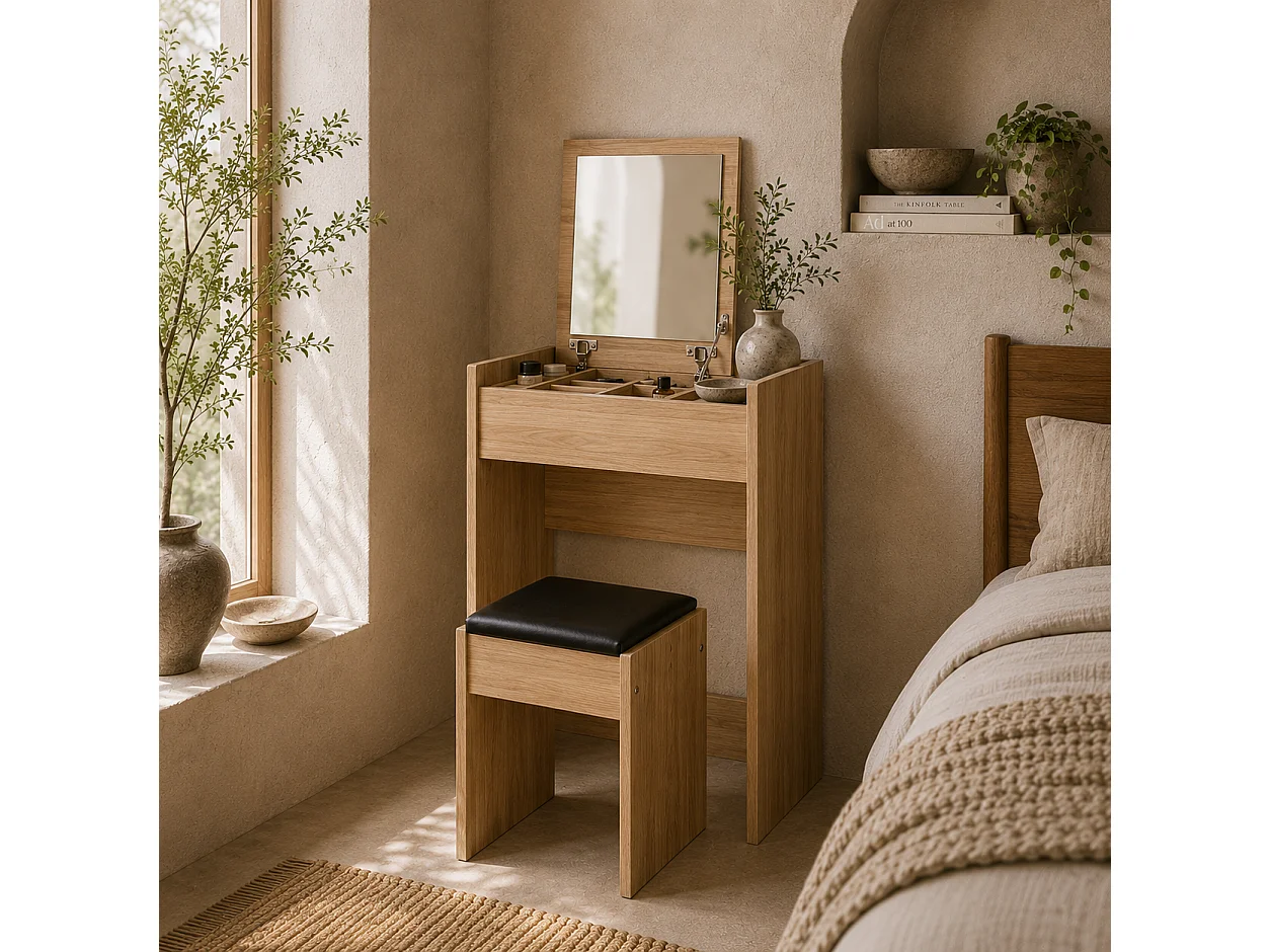 Nolena Natural Wood Effect Vanity Desk with Flip Mirror Storage and Cushioned Stool