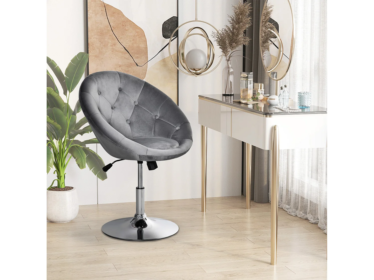 Vefi Grey Velvet Feel Adjustable Swivel Vanity Stool with Tufted Seat