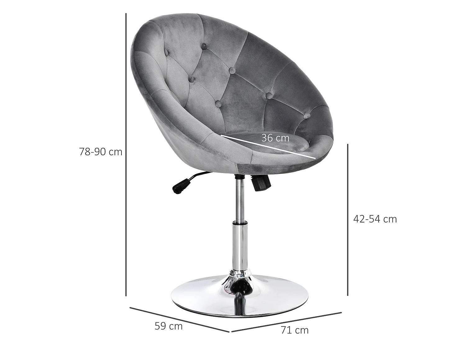 Vefi Grey Velvet Feel Adjustable Swivel Vanity Stool with Tufted Seat