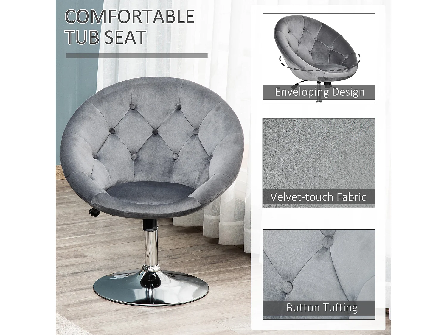 Vefi Grey Velvet Feel Adjustable Swivel Vanity Stool with Tufted Seat
