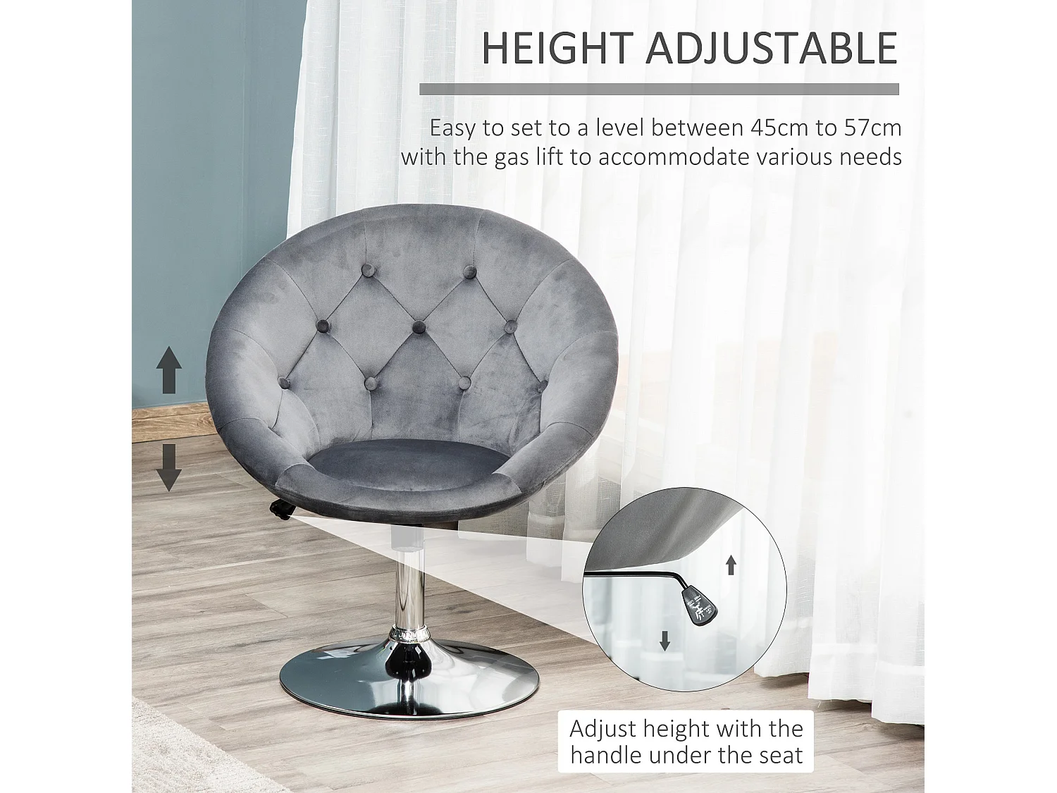Vefi Grey Velvet Feel Adjustable Swivel Vanity Stool with Tufted Seat
