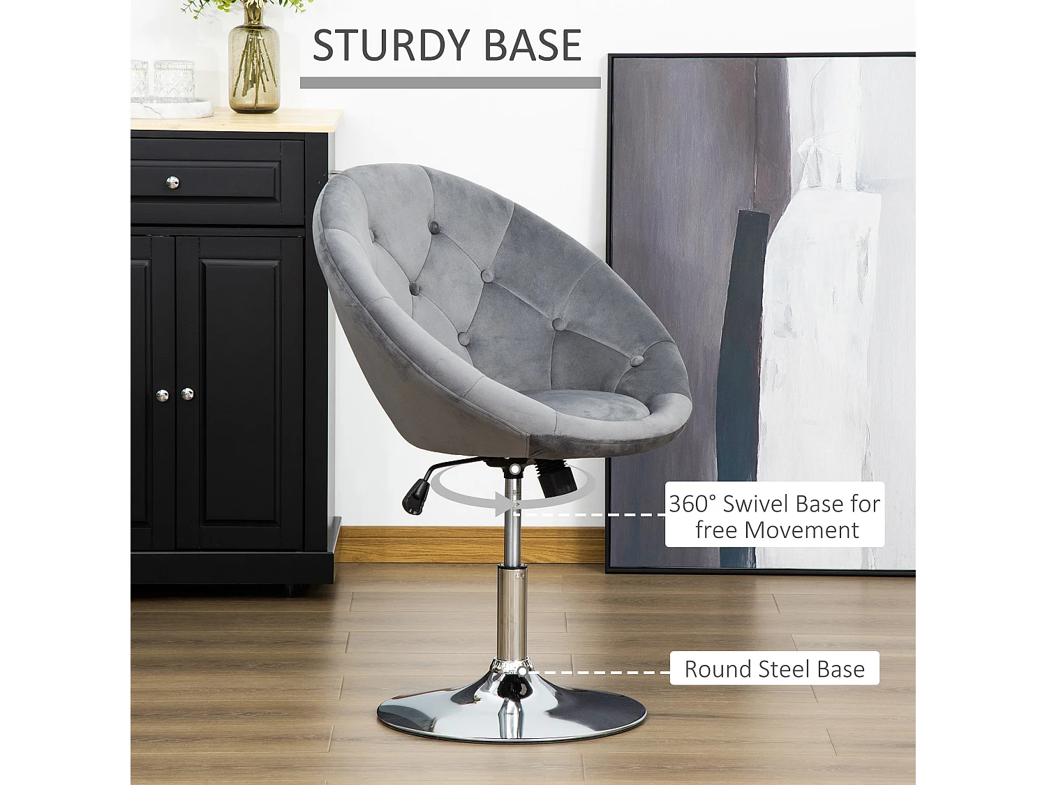 Vefi Grey Velvet Feel Adjustable Swivel Vanity Stool with Tufted Seat
