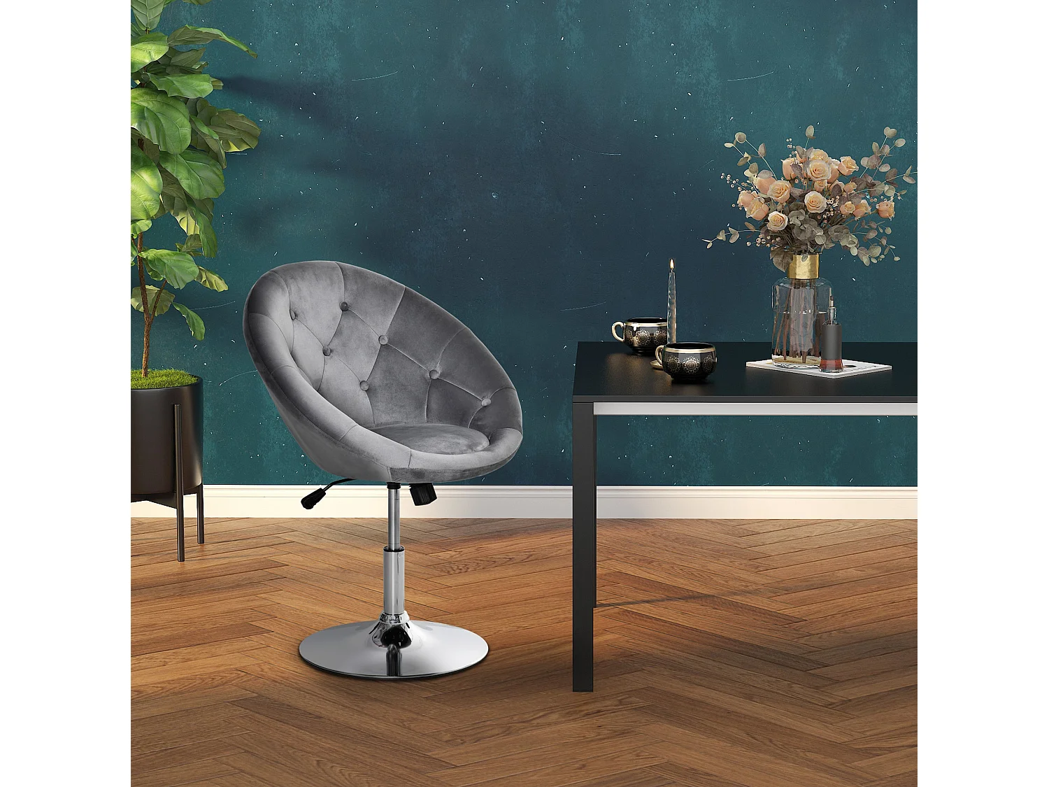 Vefi Grey Velvet Feel Adjustable Swivel Vanity Stool with Tufted Seat