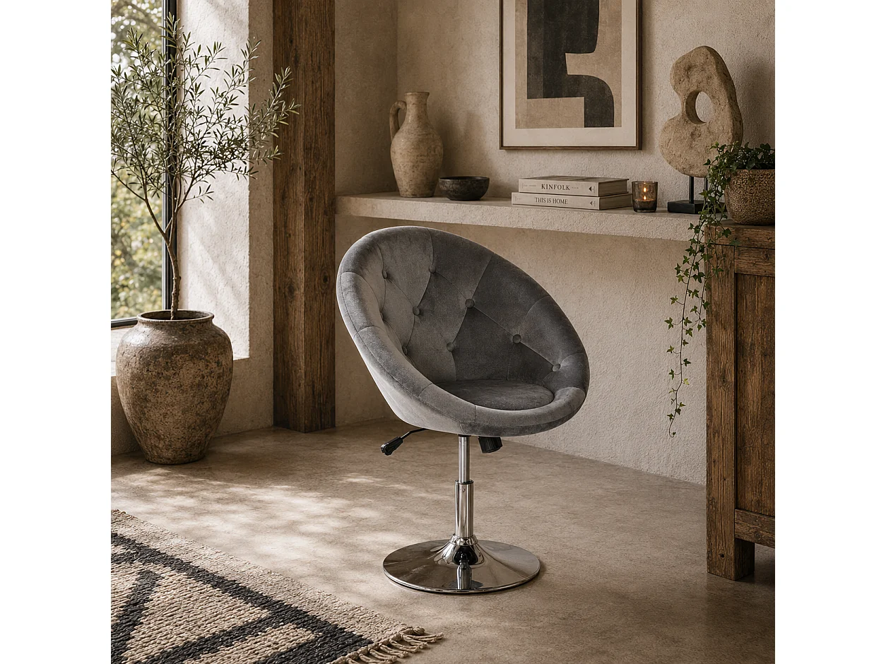 Vefi Grey Velvet Feel Adjustable Swivel Vanity Stool with Tufted Seat