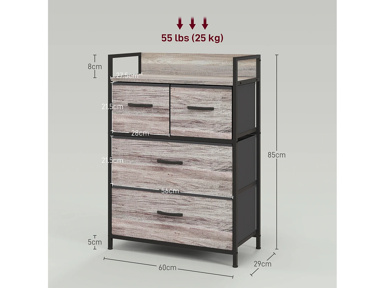 Doyo Elso 4 Drawer Fabric Chest Grey Wood Effect Industrial Rustic Storage