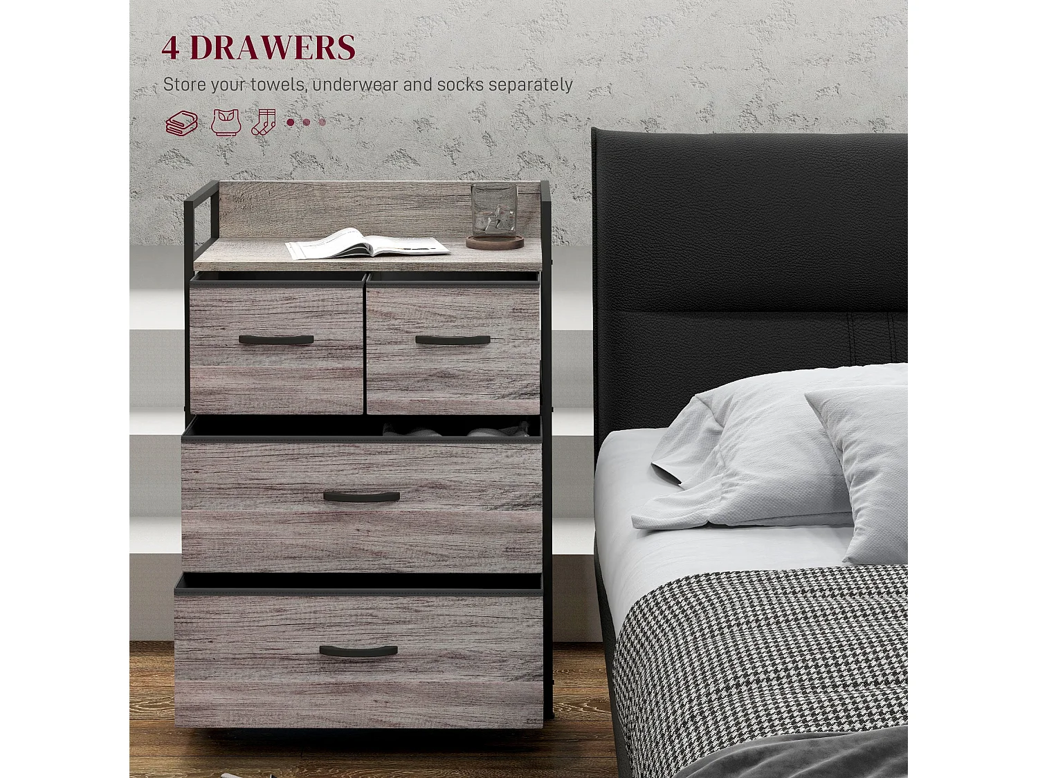 Doyo Elso 4 Drawer Fabric Chest Grey Wood Effect Industrial Rustic Storage