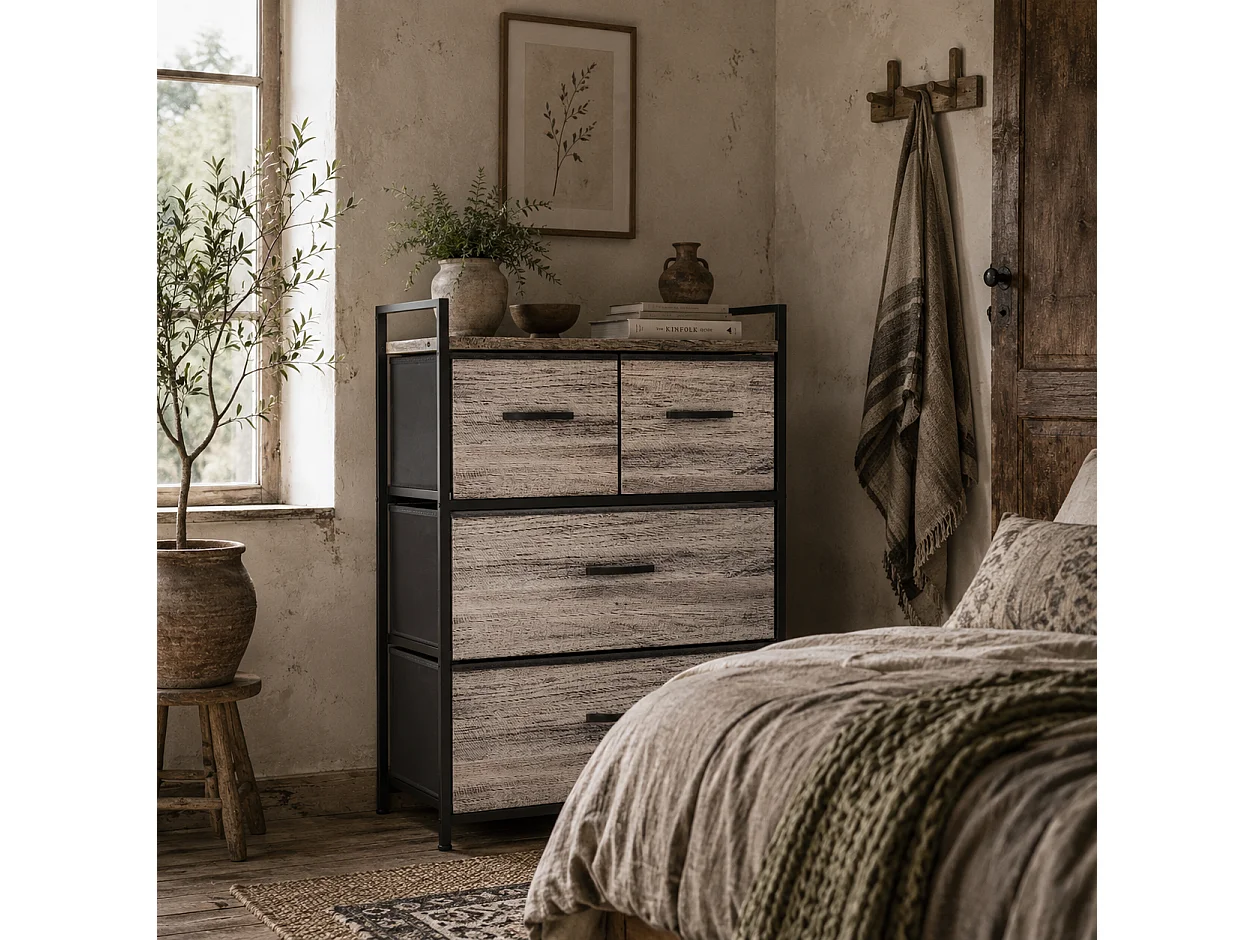 Doyo Elso 4 Drawer Fabric Chest Grey Wood Effect Industrial Rustic Storage