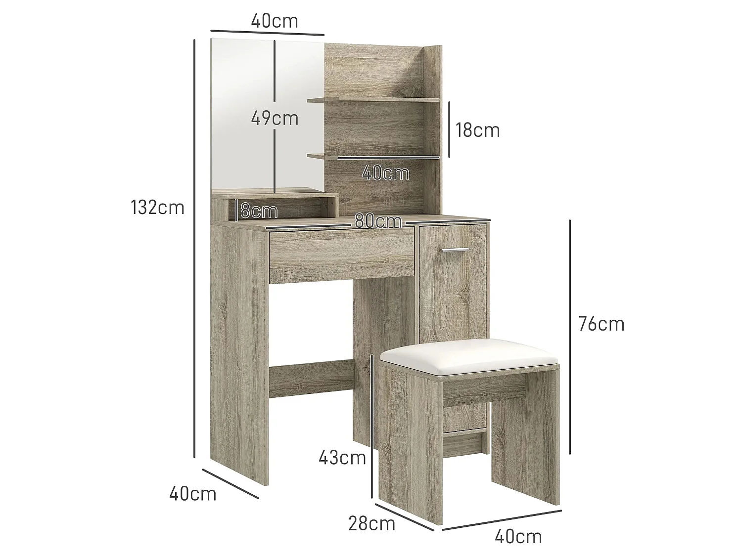 Marini Wood Effect Vanity Dressing Table and Padded Stool with Storage