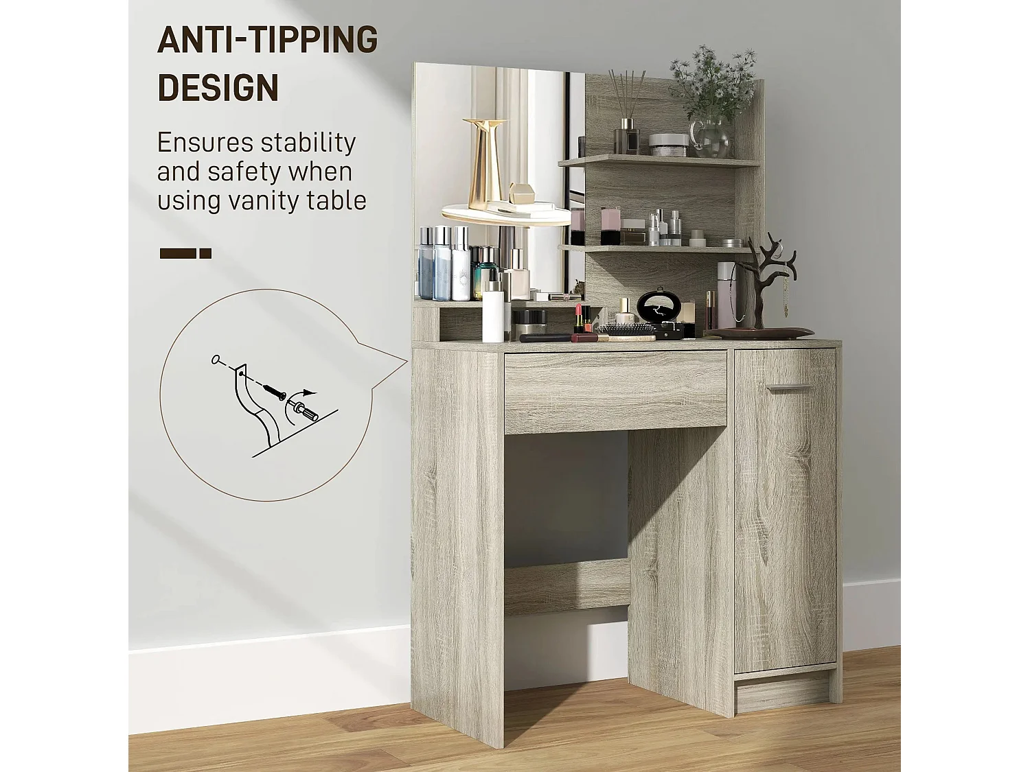 Marini Wood Effect Vanity Dressing Table and Padded Stool with Storage