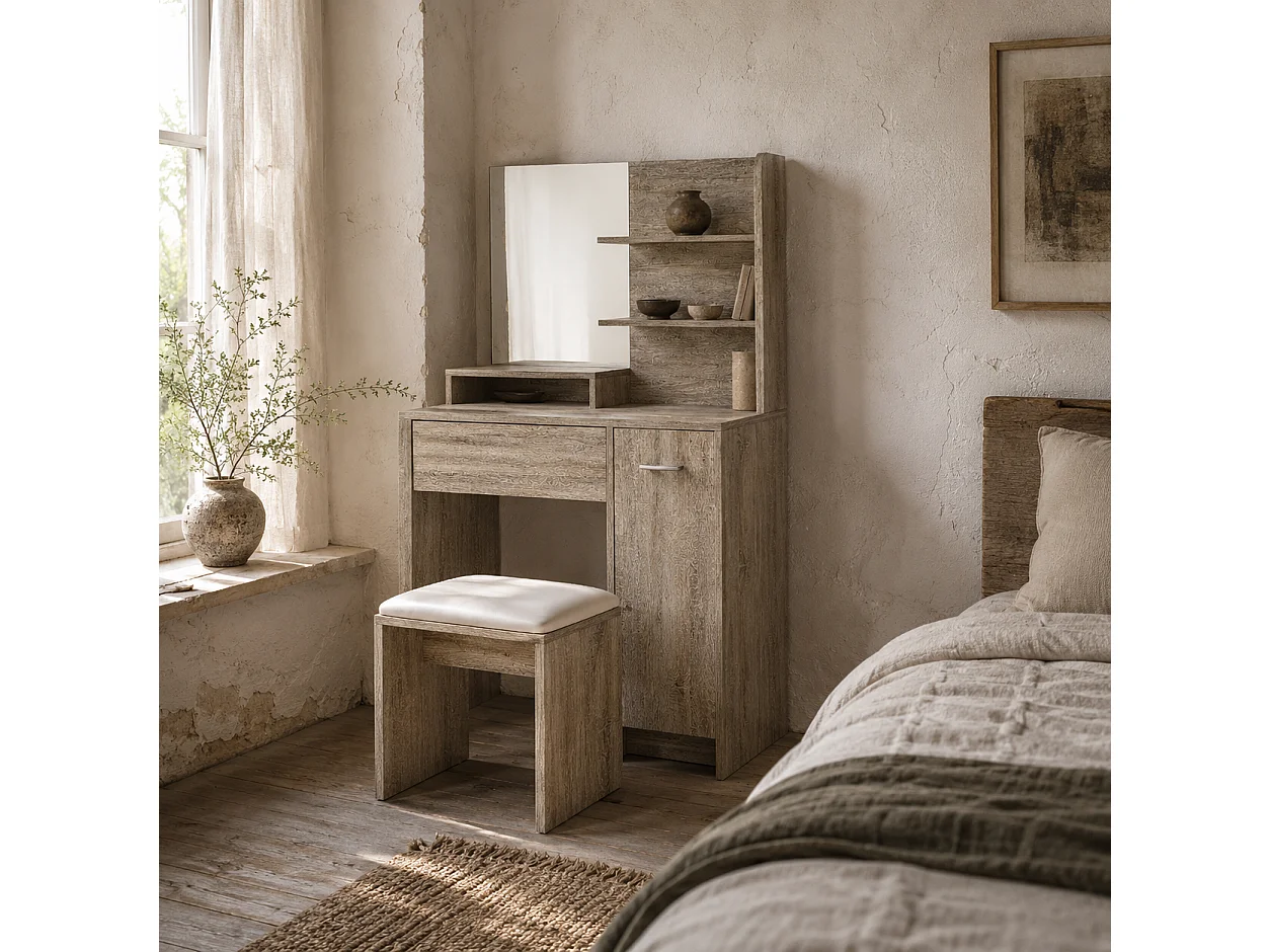 Marini Wood Effect Vanity Dressing Table and Padded Stool with Storage