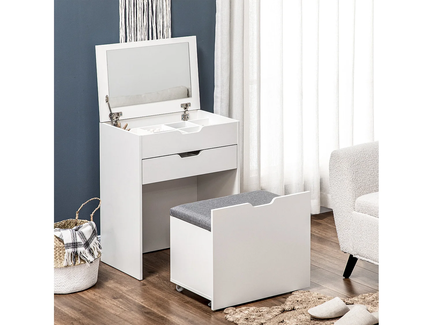 Nohadi White Dressing Table with Flip Up Mirror Hidden Storage and Storage Stool