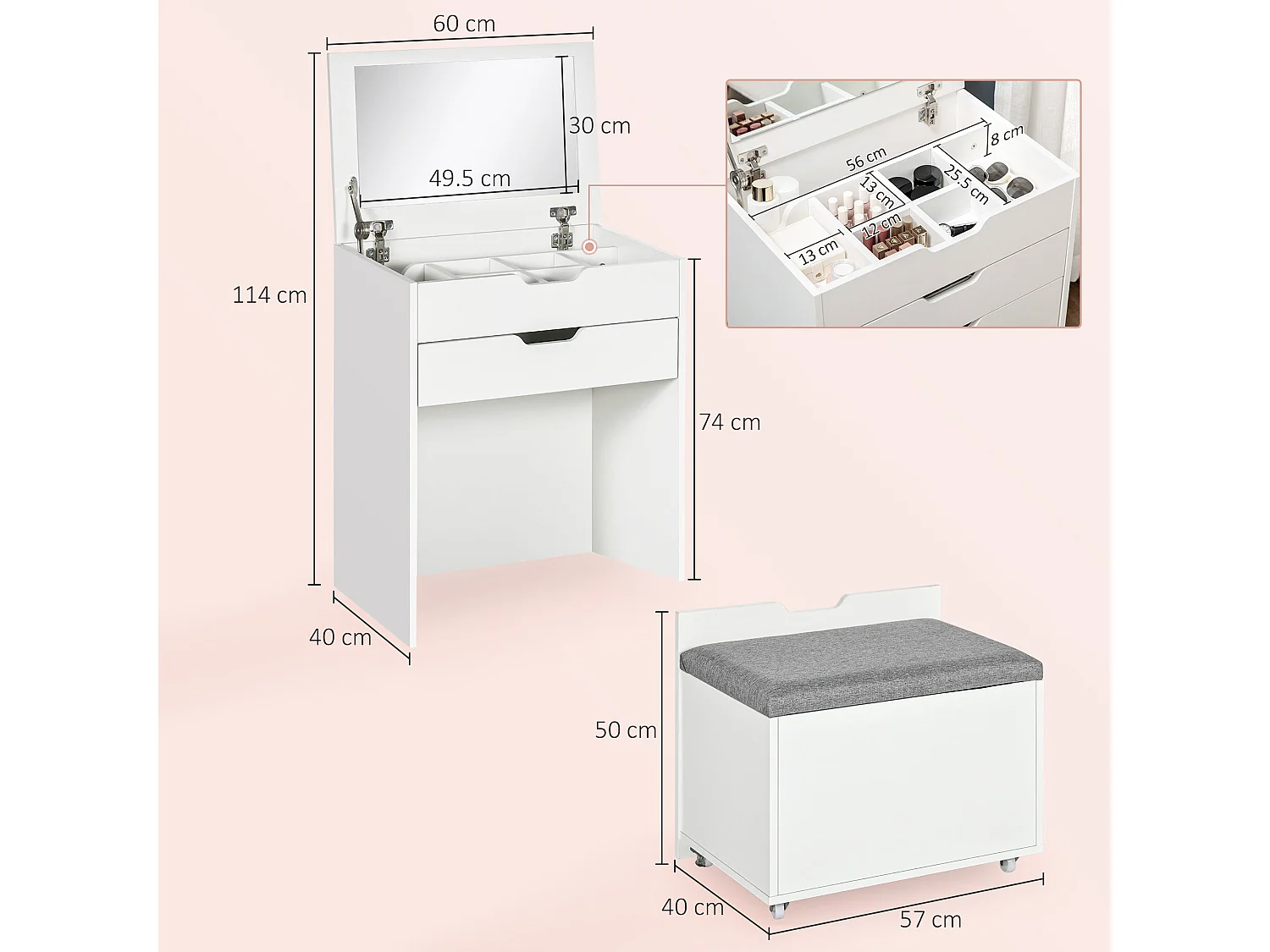 Nohadi White Dressing Table with Flip Up Mirror Hidden Storage and Storage Stool