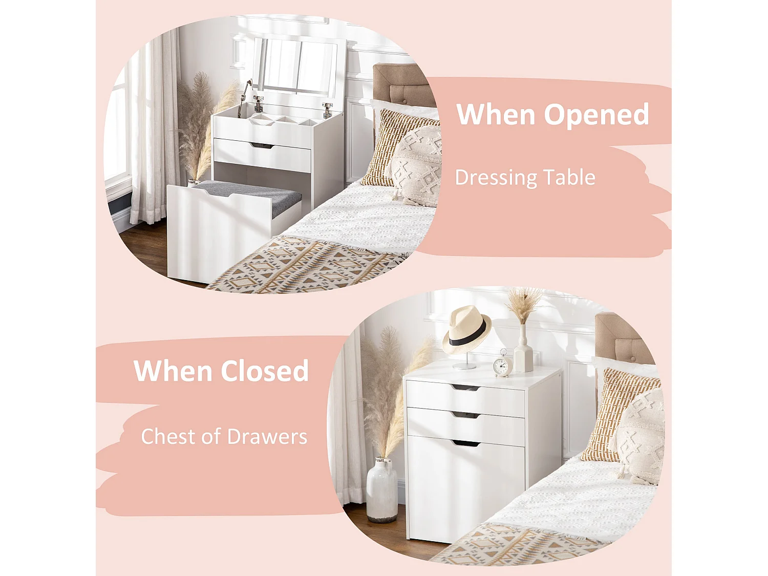 Nohadi White Dressing Table with Flip Up Mirror Hidden Storage and Storage Stool