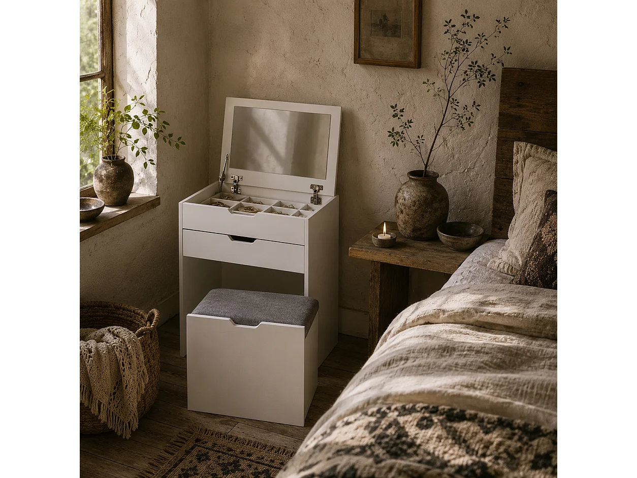 Nohadi White Dressing Table with Flip Up Mirror Hidden Storage and Storage Stool