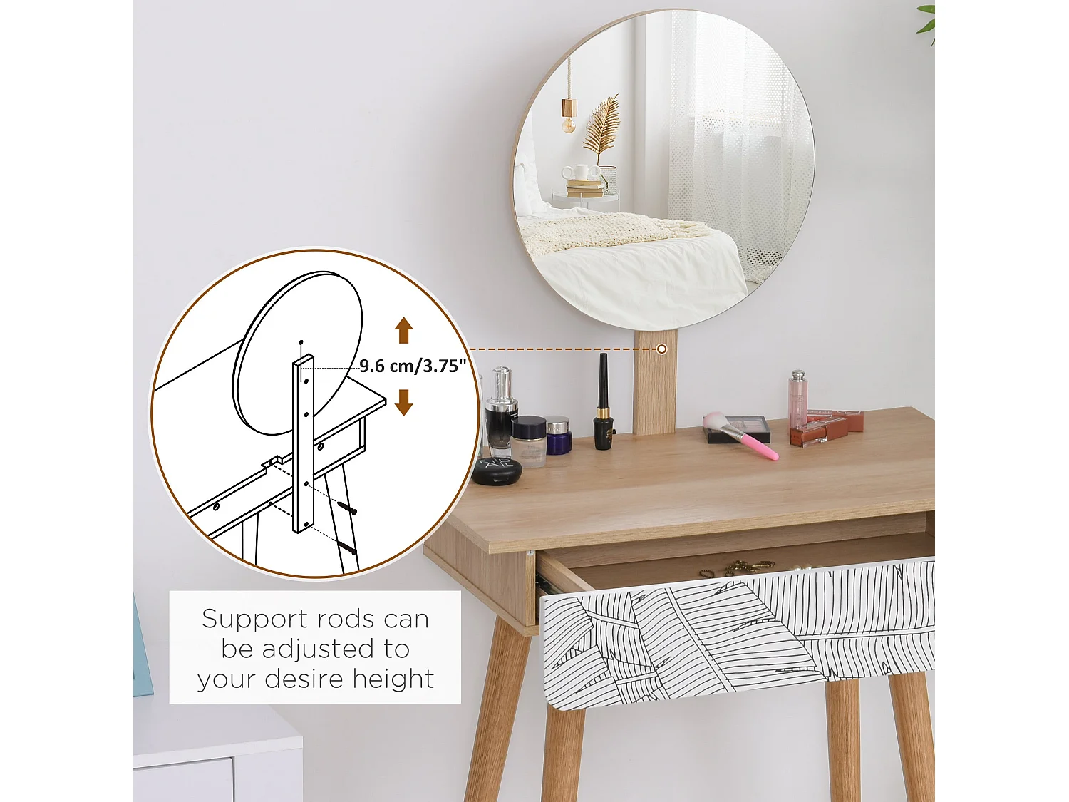 Zino Oak Colour Dressing Table with Adjustable Round Mirror and Pull Out Drawer
