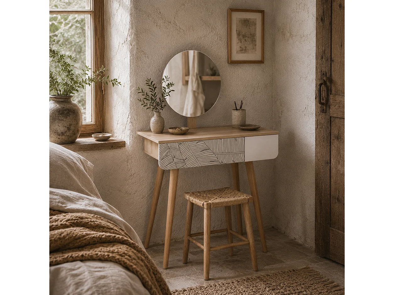 Zino Oak Colour Dressing Table with Adjustable Round Mirror and Pull Out Drawer