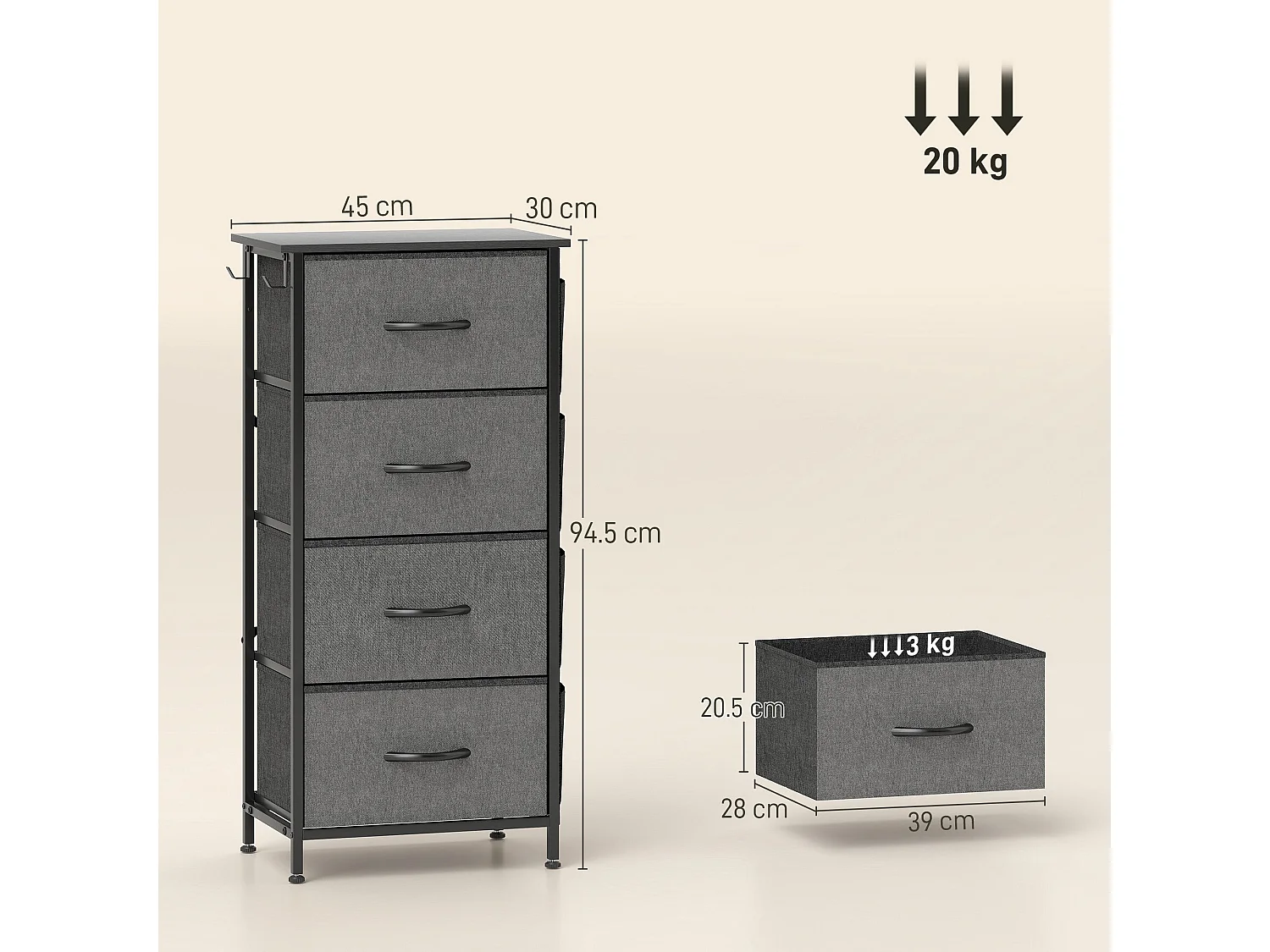 Lolova Charcoal Grey Fabric and Metal 4 Drawer Storage Chest