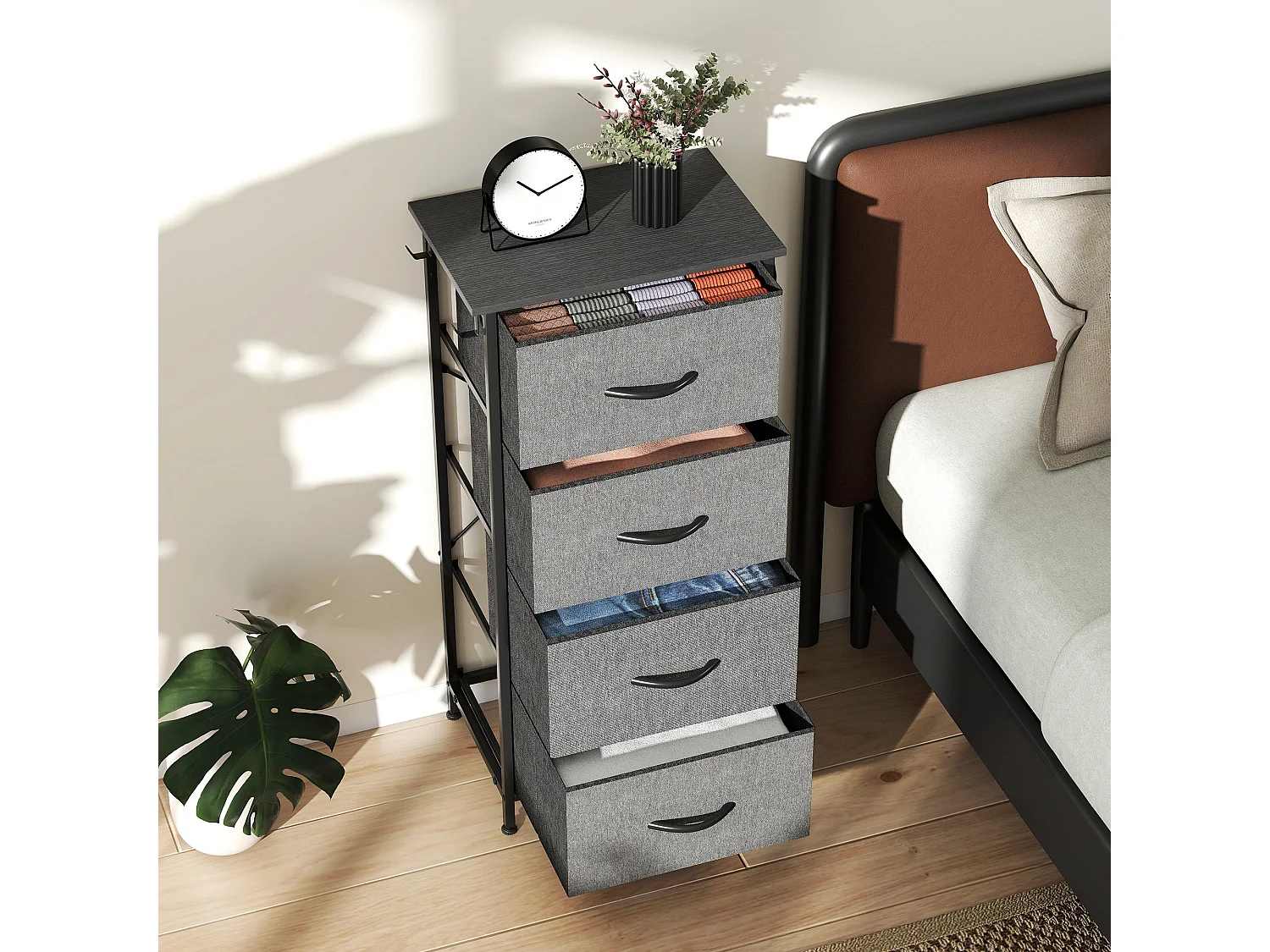 Lolova Charcoal Grey Fabric and Metal 4 Drawer Storage Chest