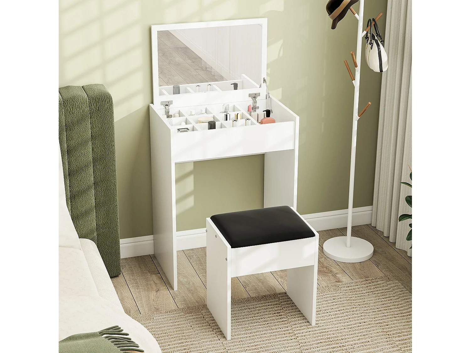 Nolena White Vanity Table with Flip Up Mirror Lift Top Storage and Padded Stool