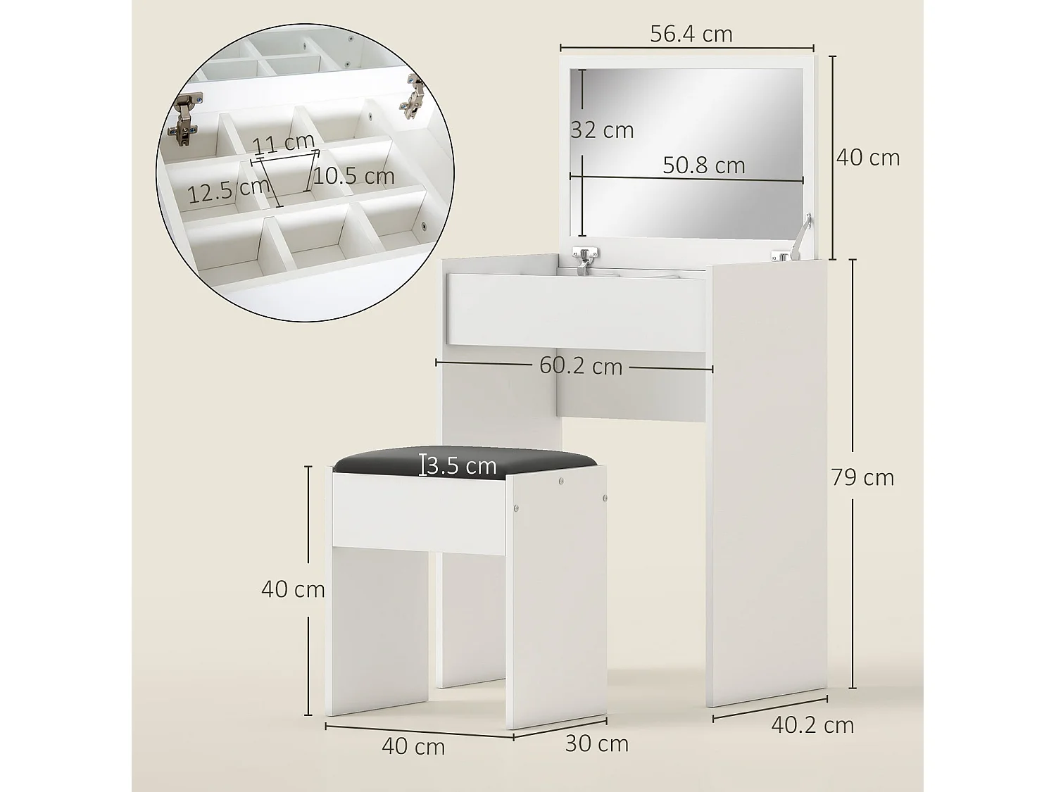 Nolena White Vanity Table with Flip Up Mirror Lift Top Storage and Padded Stool