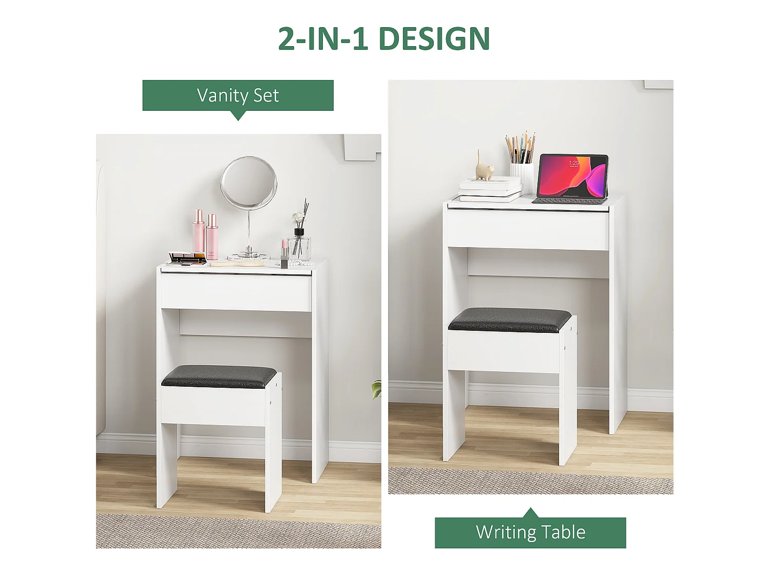 Nolena White Vanity Table with Flip Up Mirror Lift Top Storage and Padded Stool