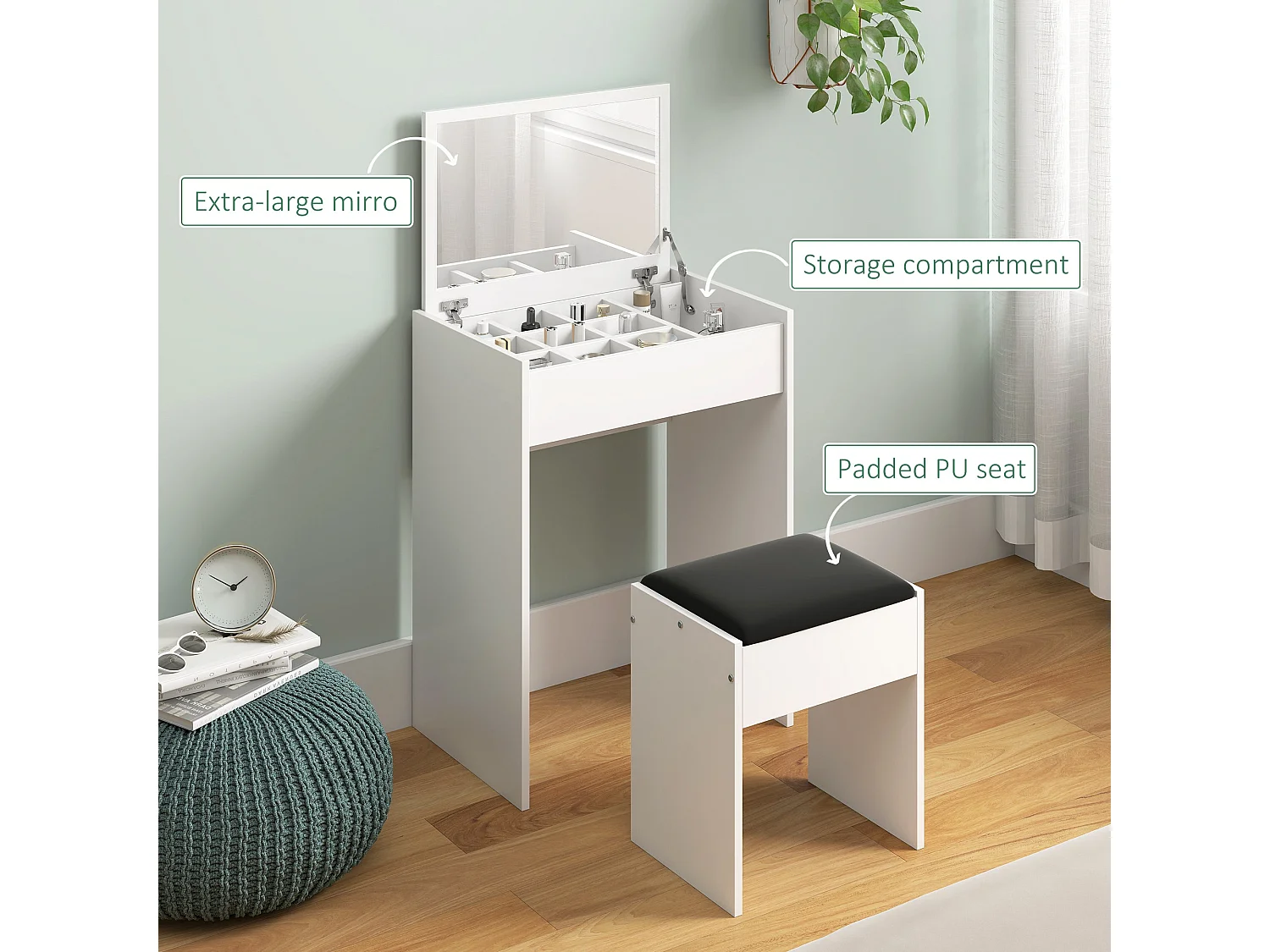 Nolena White Vanity Table with Flip Up Mirror Lift Top Storage and Padded Stool