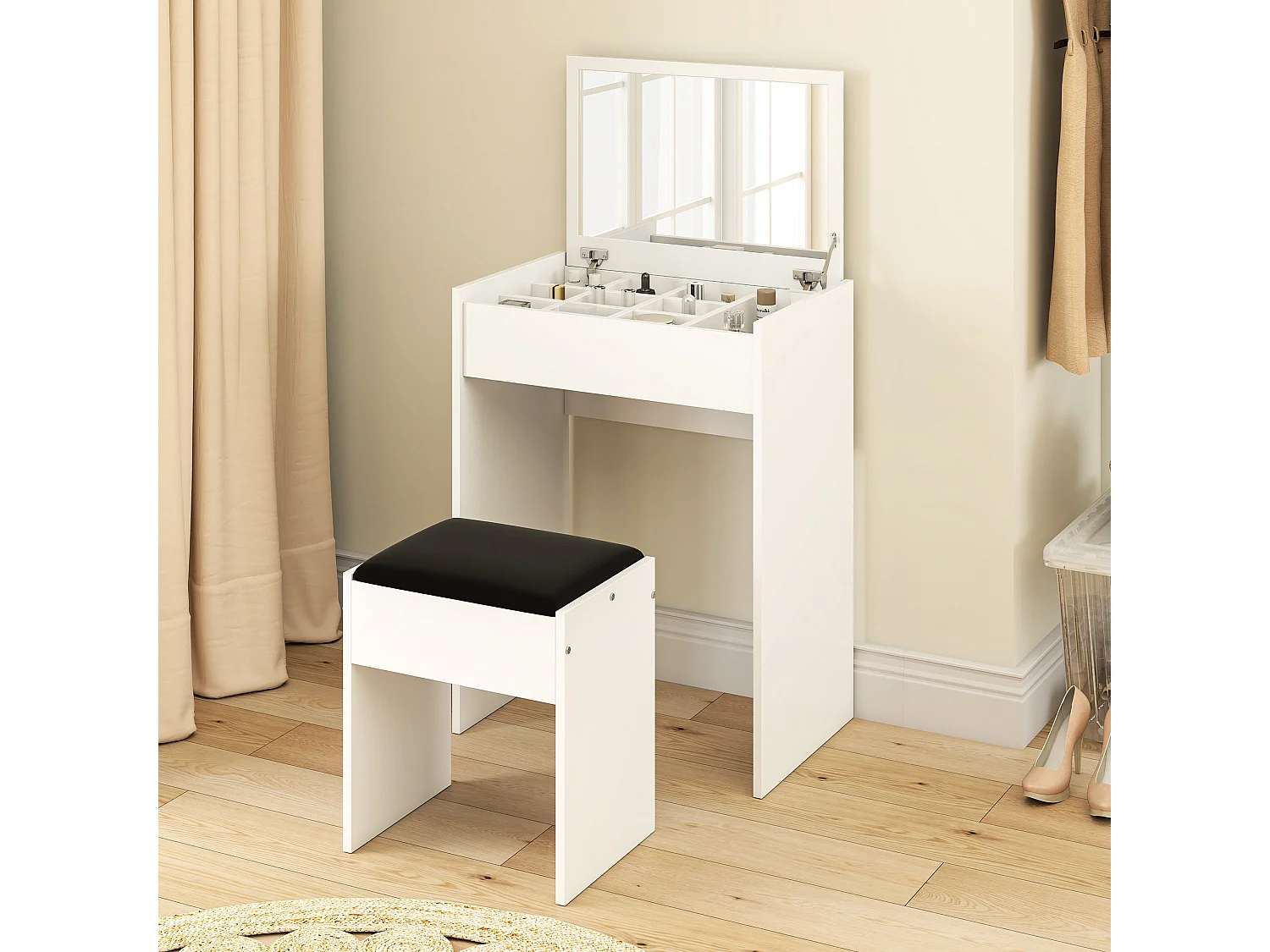 Nolena White Vanity Table with Flip Up Mirror Lift Top Storage and Padded Stool