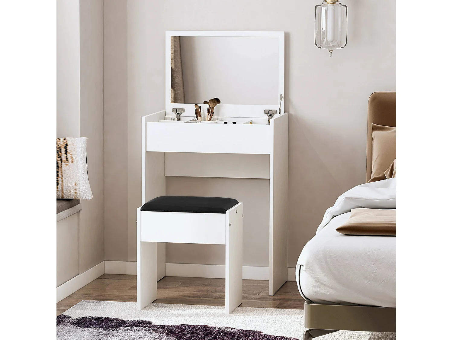Nolena White Vanity Table with Flip Up Mirror Lift Top Storage and Padded Stool
