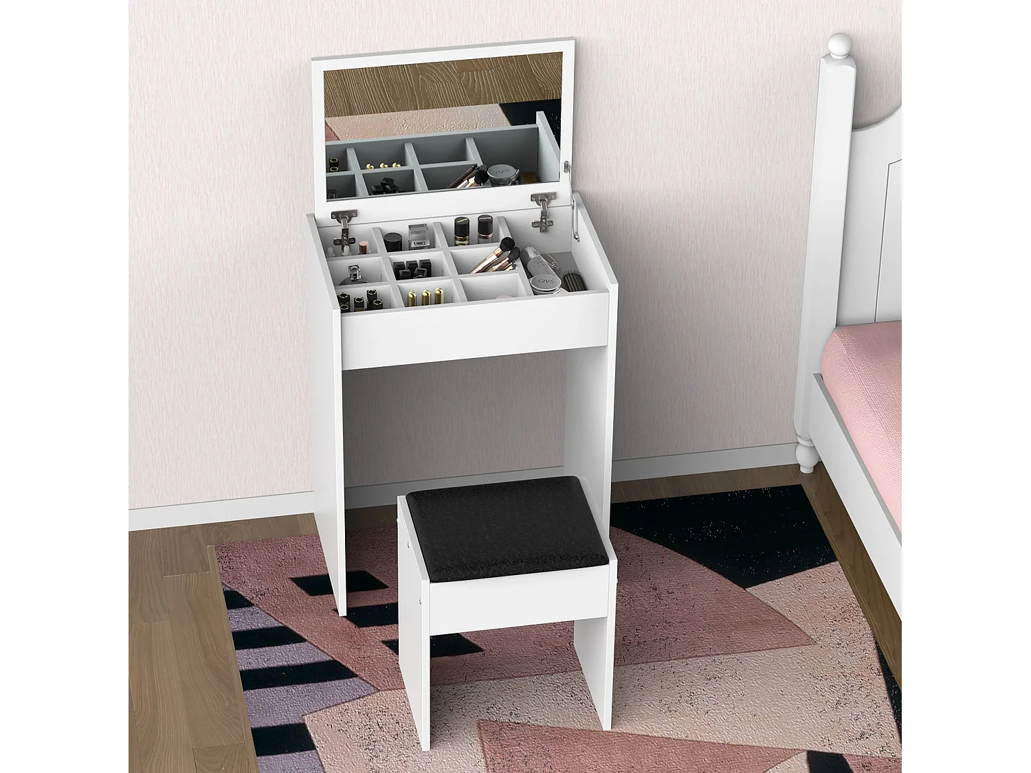 Nolena White Vanity Table with Flip Up Mirror Lift Top Storage and Padded Stool