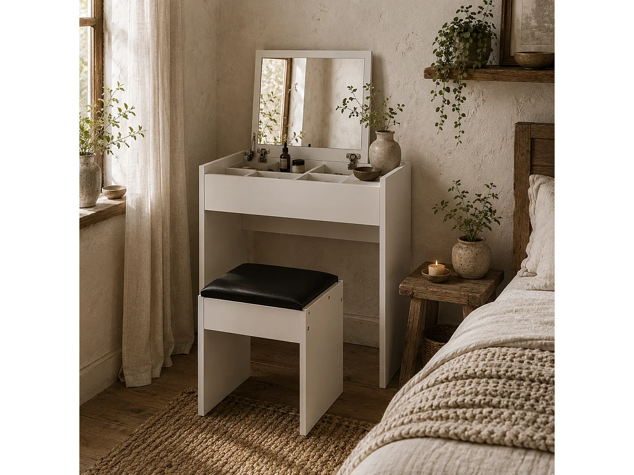Nolena White Vanity Table with Flip Up Mirror Lift Top Storage and Padded Stool